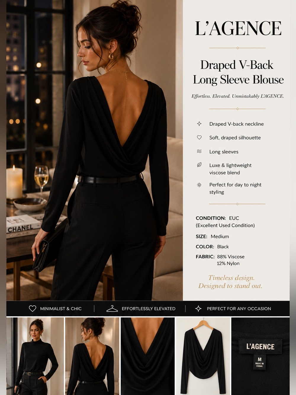 L'AGENCE Black Draped V-Back Long Sleeve Bodysuit Top